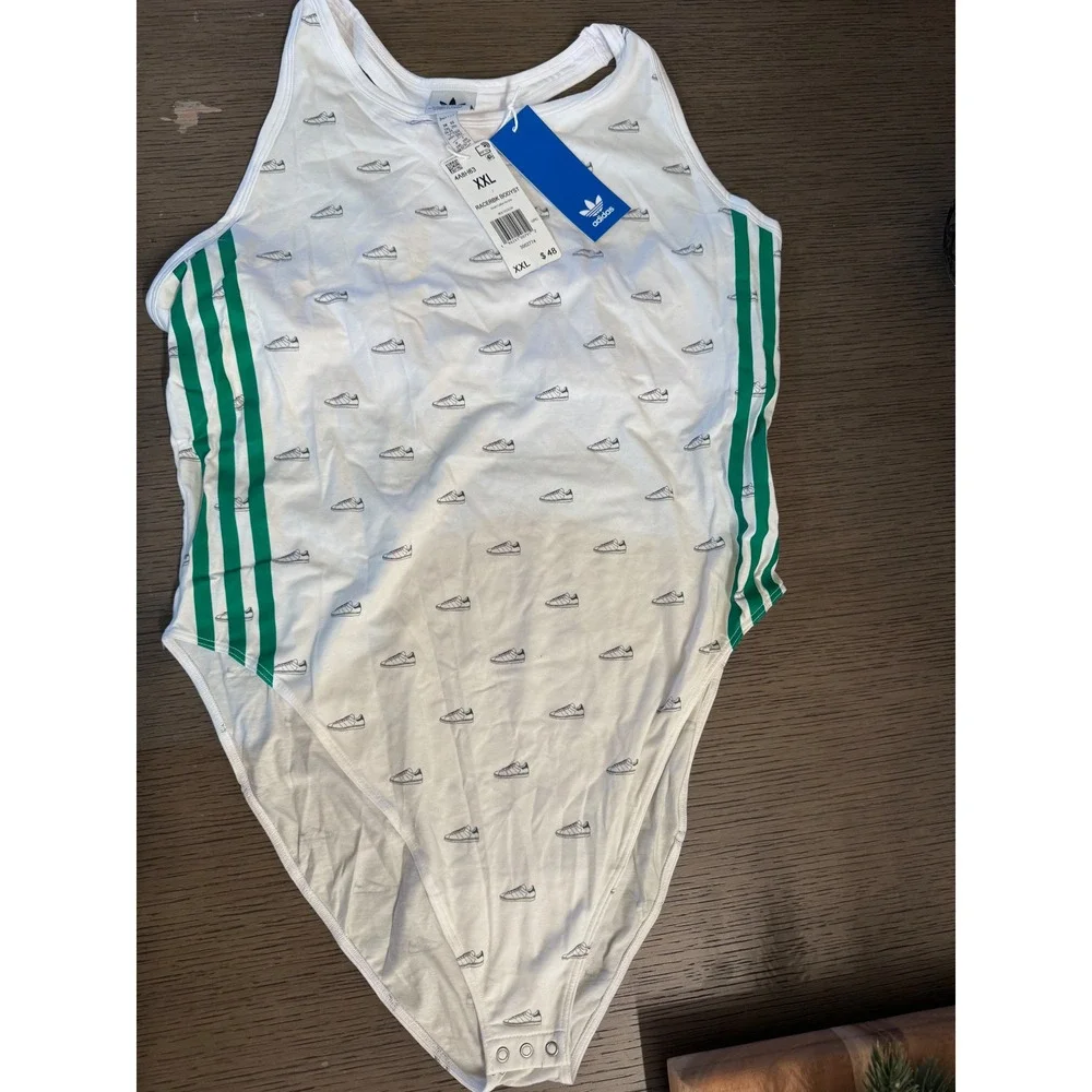 Adidas Racerback Bodysuit White/Green Stripe Logo Print‎ XXL  NWT MSRP $48
